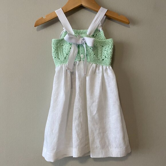 Handmade Baby Size 3 Months Green White Cotton Crochet Linen Bow Dress - Picture 2 of 14